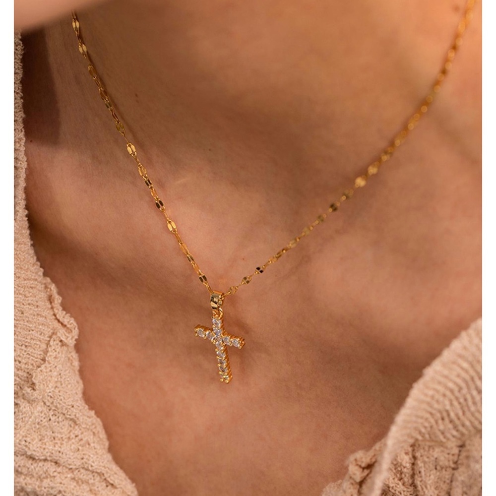 Gold Cross Pendant Necklace with Cubic Zirconia - Women - Picture 2 of 7